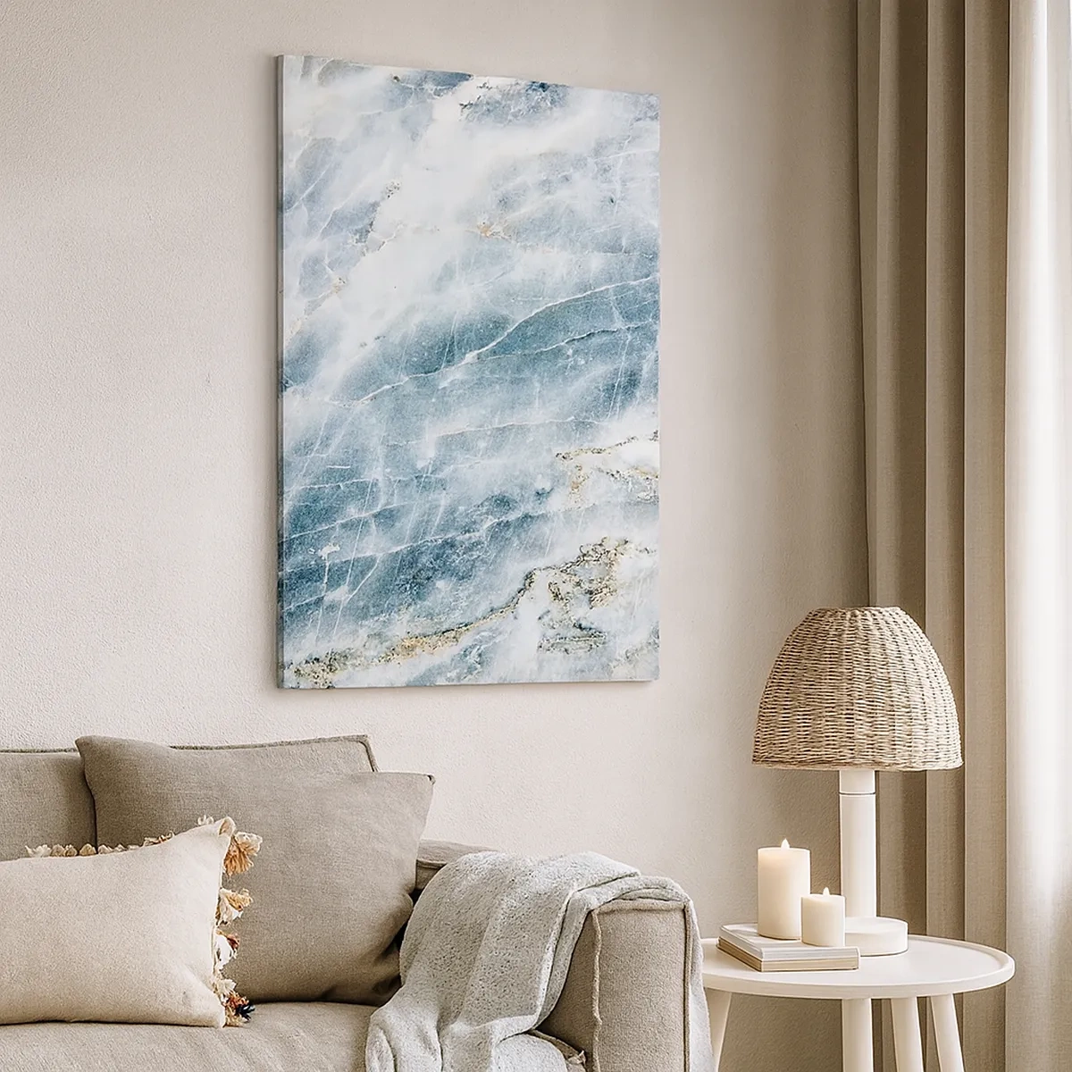 Obraz na płótnie - Abstrakcyjny wzór przypominający powierzchnię lodu w odcieniach błękitu i bieli - 50x70cm - Lodowy świat - Nowoczesna dekoracja ścienna do salonu, kuchni i sypialni ARTTOR