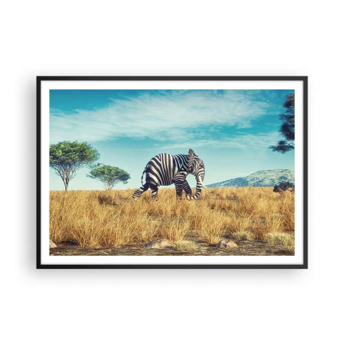 Plakat w czarnej ramie - Zebra w afrykańskim krajobrazie - 100x70cm - Szarość już niemodna - Nowoczesna dekoracja ścienna do salonu i sypialni ARTTOR