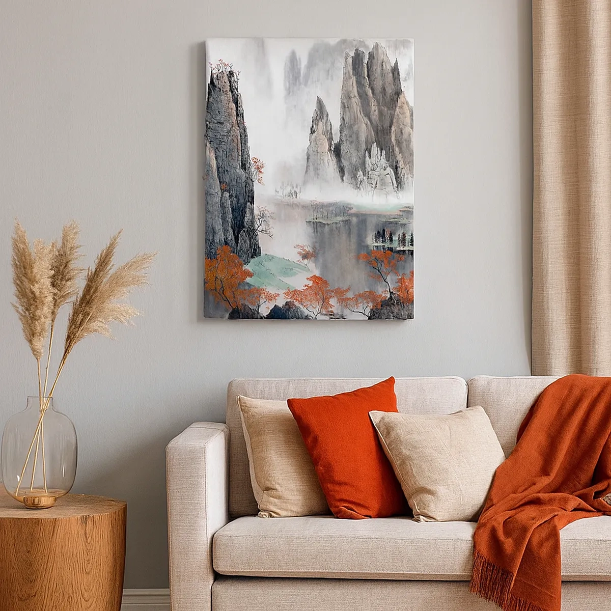 Obraz na płótnie - Tradycyjny chiński pejzaż z mglistymi górami i drzewami w jesiennych barwach - 50x70cm - Potężni opiekunowie - Nowoczesna dekoracja ścienna do salonu, kuchni i sypialni ARTTOR