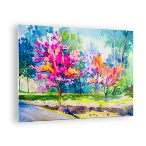 Obraz na szkle - Kolorowe drzewa w parku namalowane akwarelową techniką - 70x50cm - Tęczowy ogród w wiosennym blasku - Nowoczesna dekoracja ścienna do salonu i sypialni ARTTOR