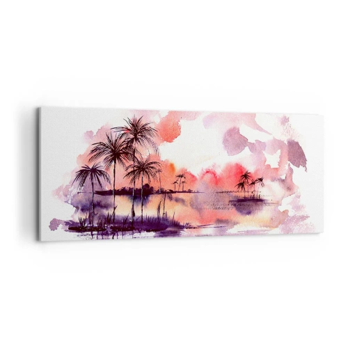 Obraz na płótnie - Tropikalny pejzaż z palmami o zachodzie słońca w akwareli - 120x50cm - Spokój tropików w czerwieni - Nowoczesna dekoracja ścienna do salonu i sypialni ARTTOR