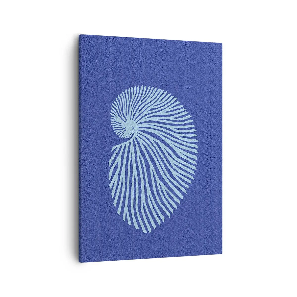 Obraz na płótnie - Minimalistyczna grafika muszli spiralnej w odcieniach błękitu na ciemnym tle - 50x70cm - Narodziny muszli - Nowoczesna dekoracja ścienna do salonu, kuchni i sypialni ARTTOR