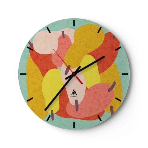 Zegar ścienny - Kolorowe gruszki w stylu graficznym na tle turkusu - 30x30cm - Spróbuj letniego słońca - Nowoczesna dekoracja ścienna do salonu, kuchni i sypialni ARTTOR