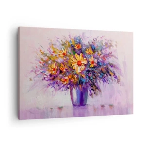 Obraz na płótnie - Bukiet kwiatów w wazonie na pastelowym tle - 70x50cm - Słodko pachnie, słodko wygląda - Nowoczesna dekoracja ścienna do salonu i sypialni ARTTOR