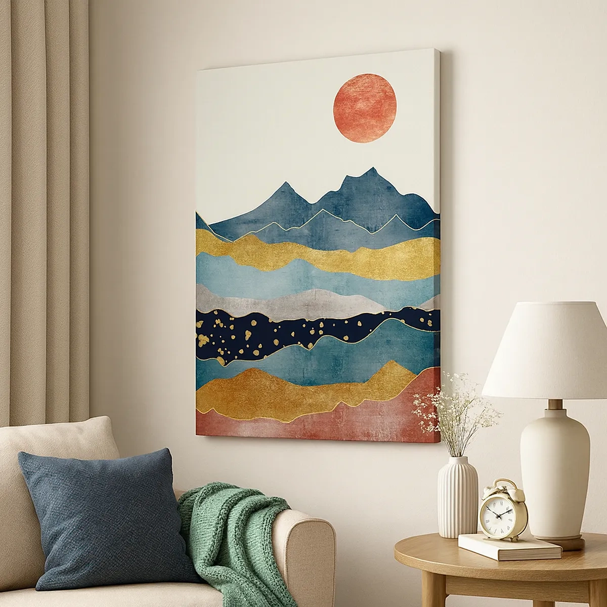 Obraz na płótnie - Abstrakcyjne góry w odcieniach niebieskiego, złota i czerwieni z zachodzącym słońcem - 50x70cm - Przekrój świata - Nowoczesna dekoracja ścienna do salonu, kuchni i sypialni ARTTOR