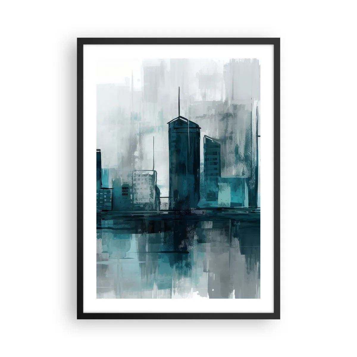 Plakat w czarnej ramie - Nowoczesna panorama miasta w odcieniach niebieskiego - 50x70cm - Miasto w kolorze deszczu - Nowoczesna dekoracja ścienna do salonu i sypialni ARTTOR