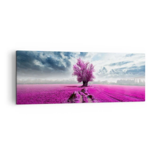 Obraz na płótnie - Samotne drzewo na polu w odcieniu intensywnego różu - 140x50cm - Wrzosowisko - uroczysko - Nowoczesna dekoracja ścienna do salonu i sypialni ARTTOR