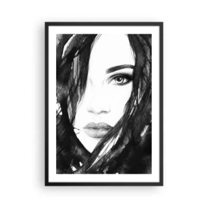 Plakat w czarnej ramie - Czarno-biała akwarela przedstawiająca kobiecą twarz - 50x70cm - Portret damy w czerni i bieli - Nowoczesna dekoracja ścienna do salonu i sypialni ARTTOR