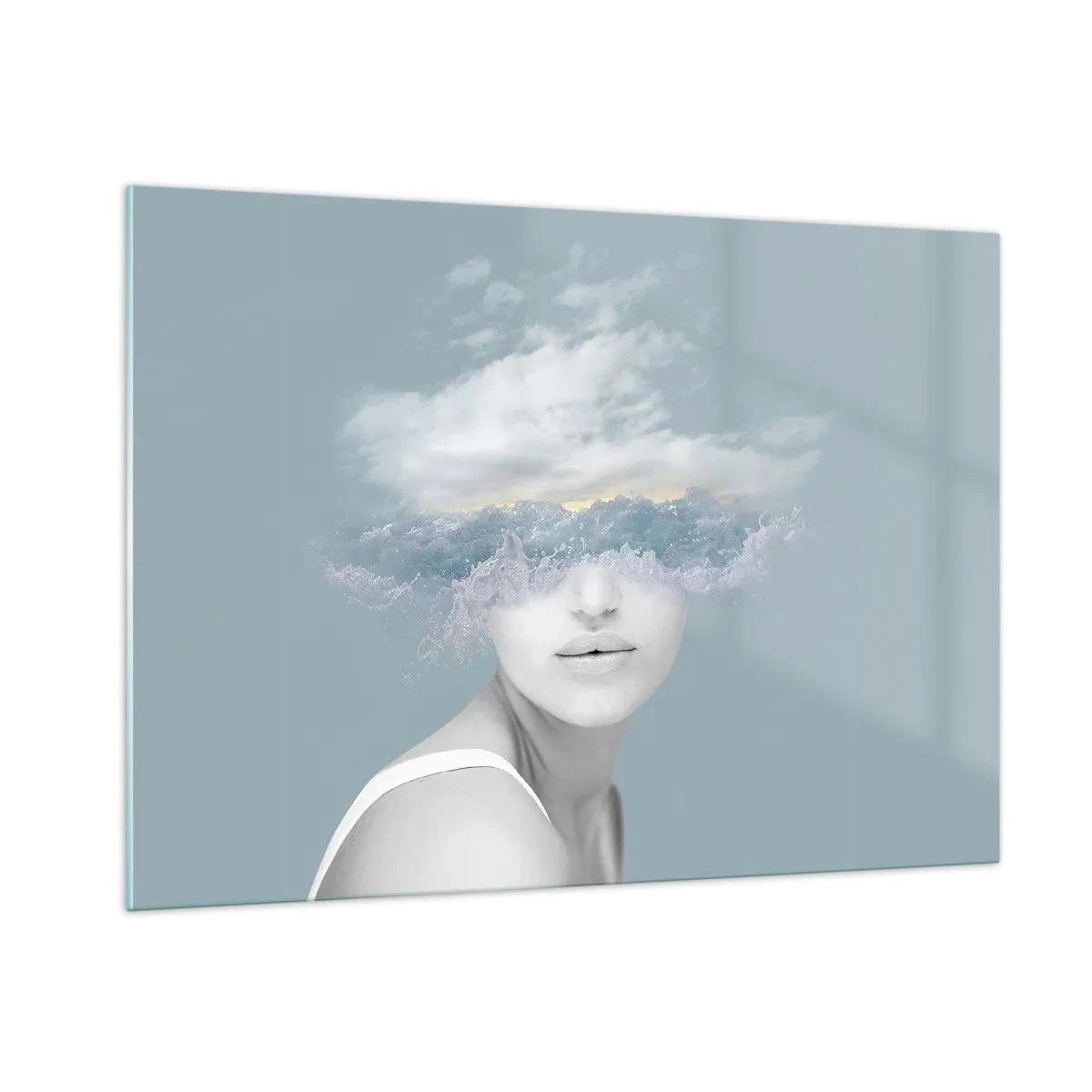 Obraz na szkle - Twarz kobiety połączona z niebem i chmurami w surrealistycznej wizji - 100x70cm - Z głową w chmurach - Nowoczesna dekoracja ścienna do salonu, kuchni i sypialni ARTTOR