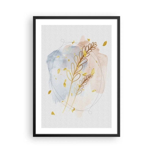 Plakat w czarnej ramie - Delikatna kompozycja botaniczna ze złotymi detalami - 50x70cm - Złoty podmuch - Nowoczesna dekoracja ścienna do salonu i sypialni ARTTOR