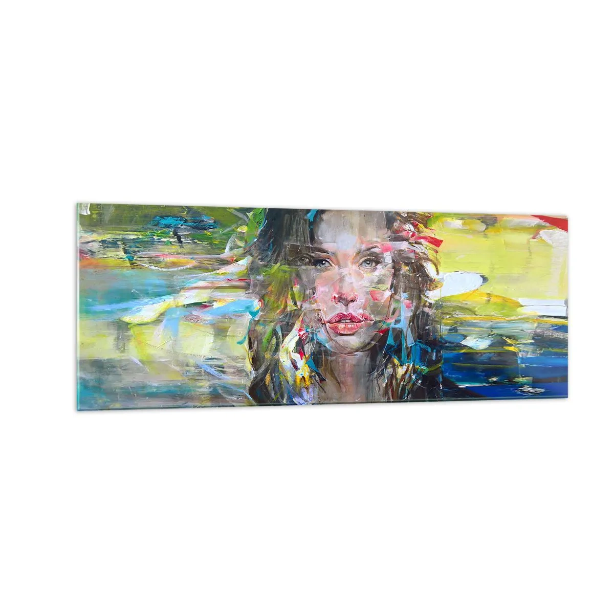 Obraz na szkle - Abstrakcyjny portret kobiety w intensywnych kolorach - 140x50cm - Za powietrza zasłoną - Nowoczesna dekoracja ścienna do salonu i sypialni ARTTOR