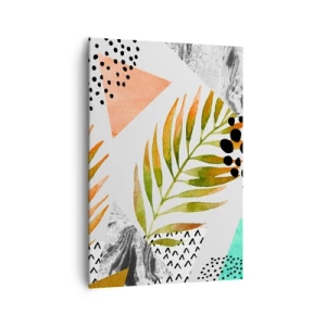 Obraz na płótnie - Tropikalny wzór z liśćmi i geometrycznymi kształtami - 70x100cm - Dekoracja z palmowym liściem - Nowoczesna dekoracja ścienna do salonu i sypialni ARTTOR