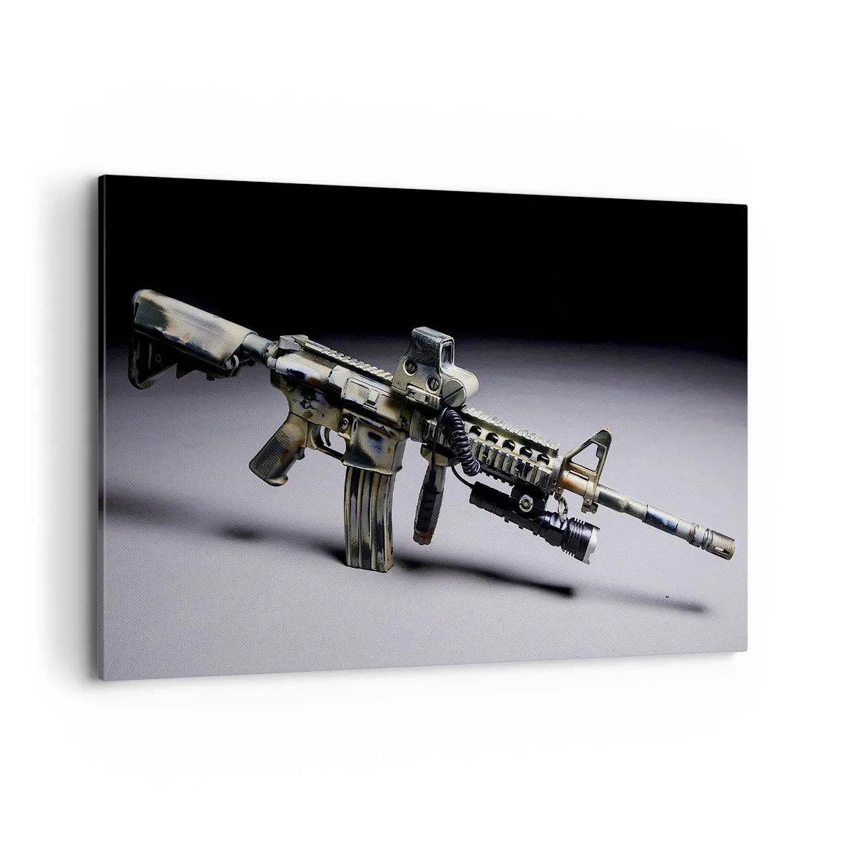 Obraz na płótnie - Nowoczesna broń w kolorze kamuflażu na ciemnym tle - 120x80cm - Zawsze grożny - Nowoczesna dekoracja ścienna do salonu, kuchni i sypialni ARTTOR