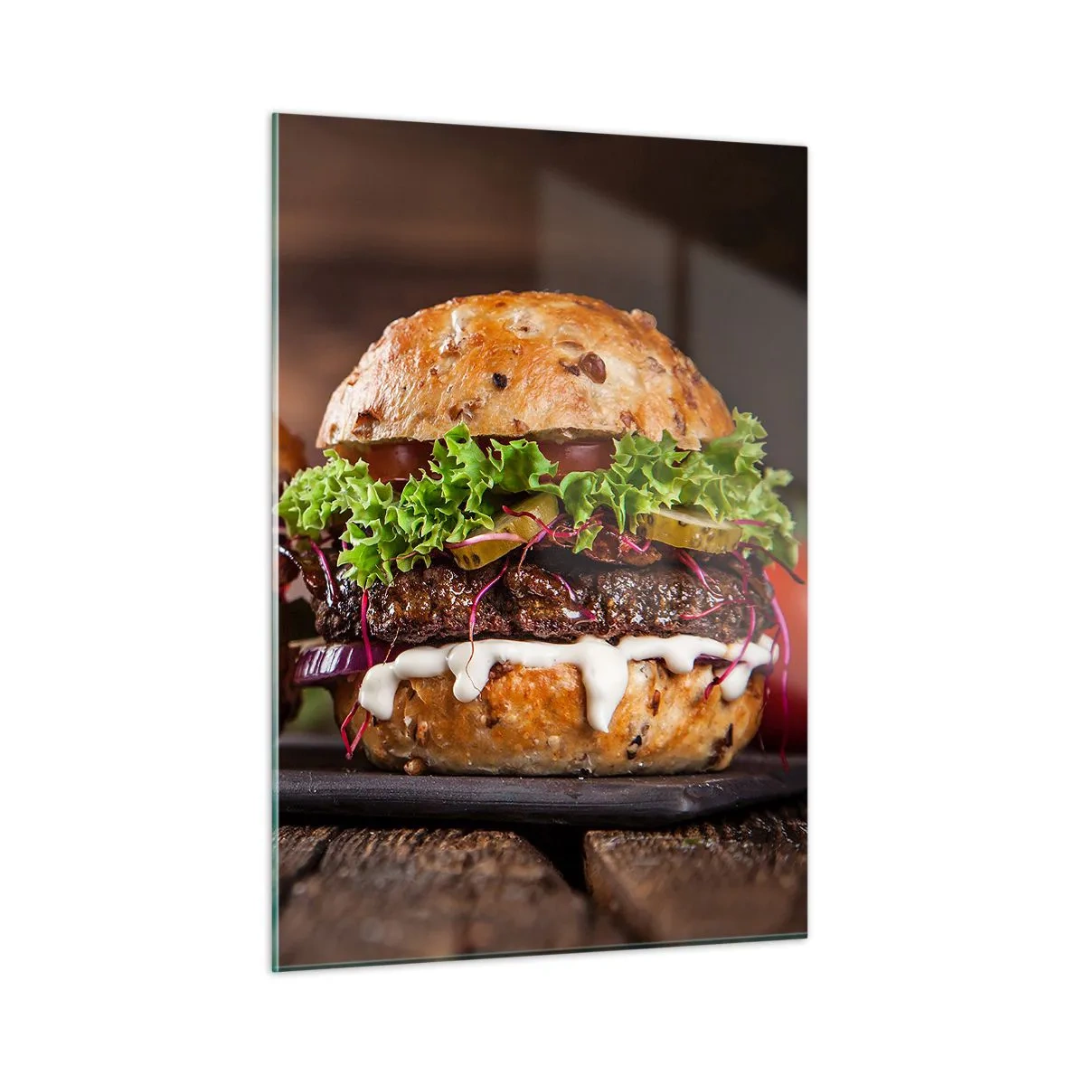 Obraz na szkle - Apetyczne burgery z warzywami i sosem - 50x70cm - American dream - Nowoczesna dekoracja ścienna do salonu, kuchni i sypialni ARTTOR