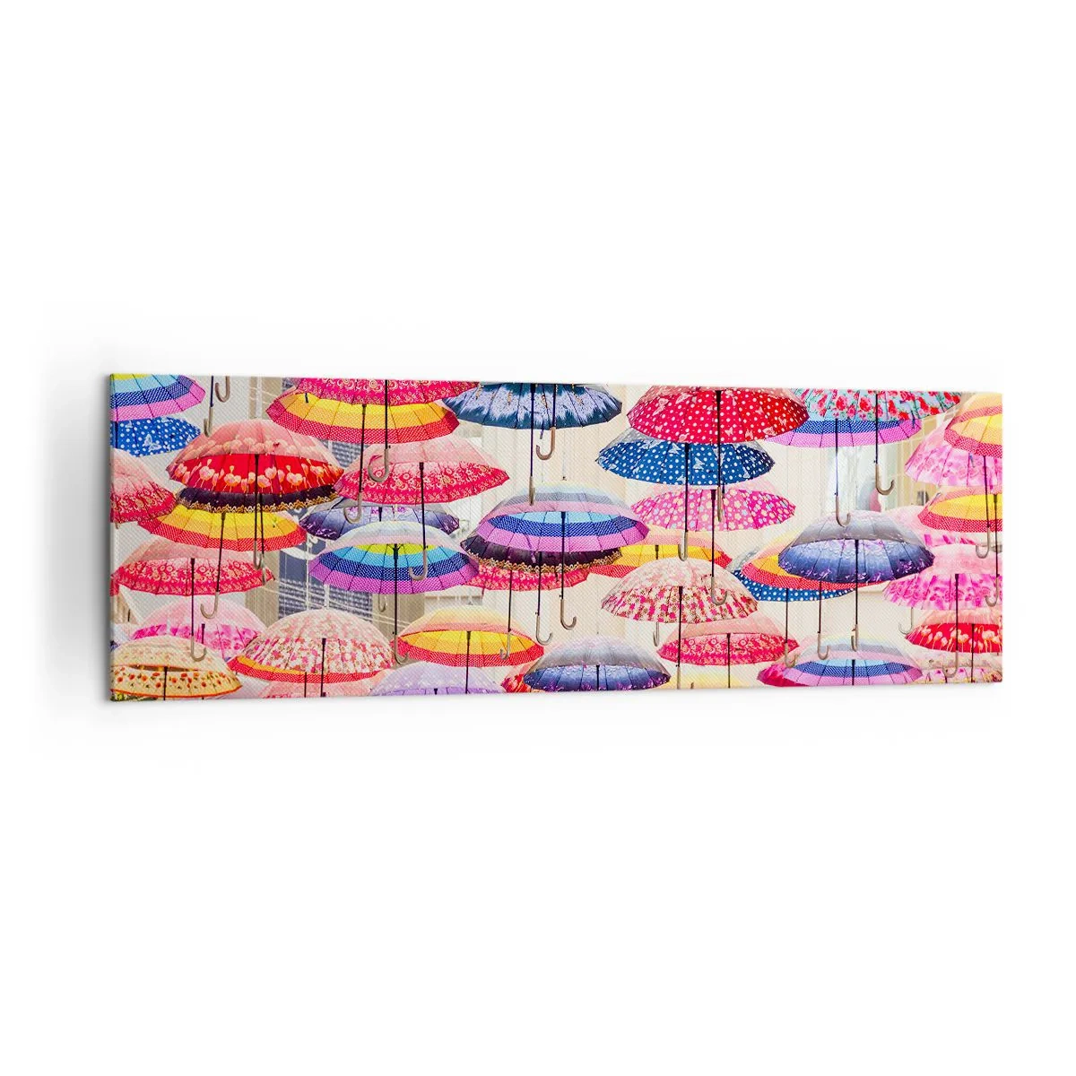 Obraz na płótnie - Kolorowe parasole zawieszone w powietrzu - 160x50cm - Miejska łąka - Nowoczesna dekoracja ścienna do salonu i sypialni ARTTOR