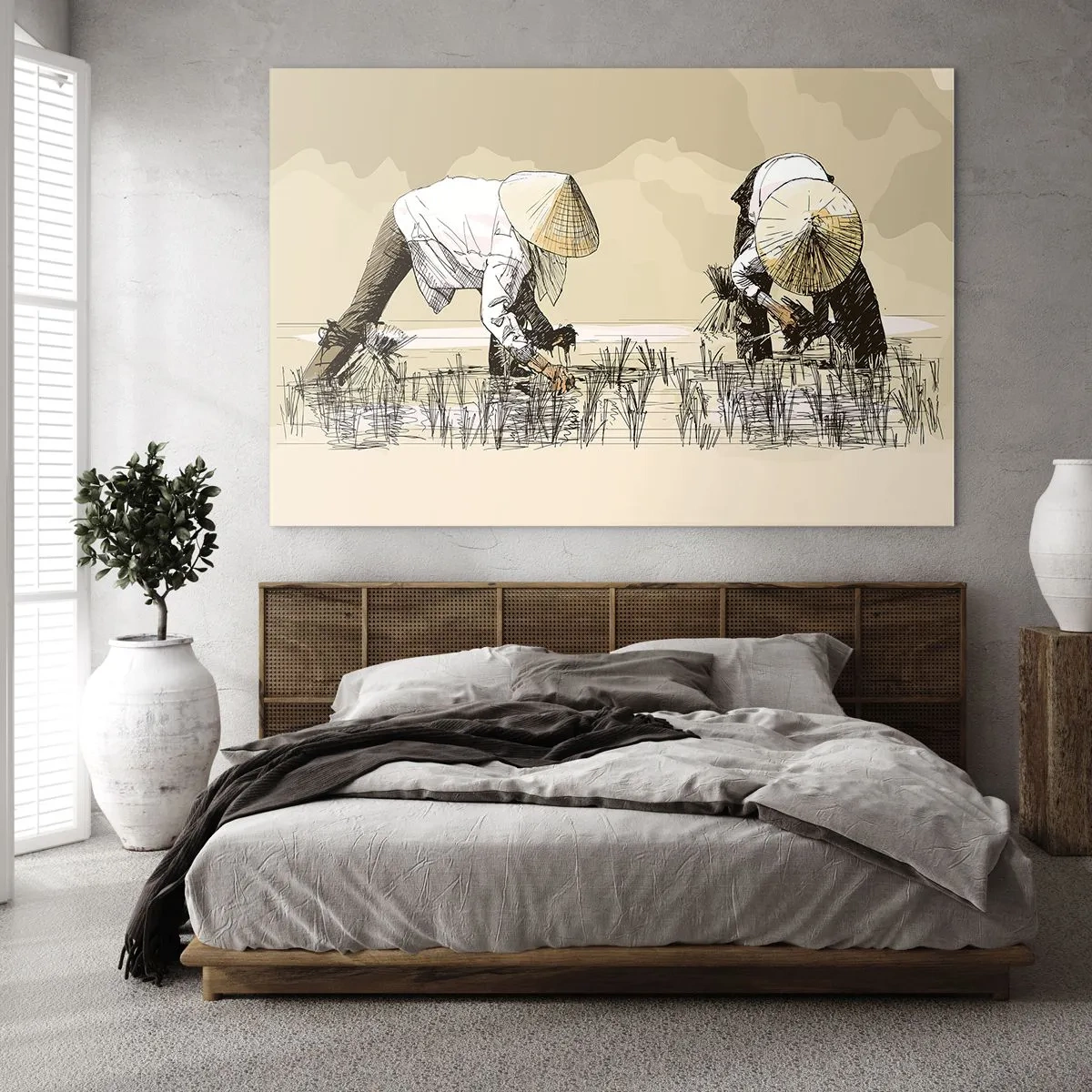 Obraz na szkle - Minimalistyczna ilustracja pracujących rolników - 120x80cm - Udanych zbiorów - Nowoczesna dekoracja ścienna do salonu, kuchni i sypialni ARTTOR