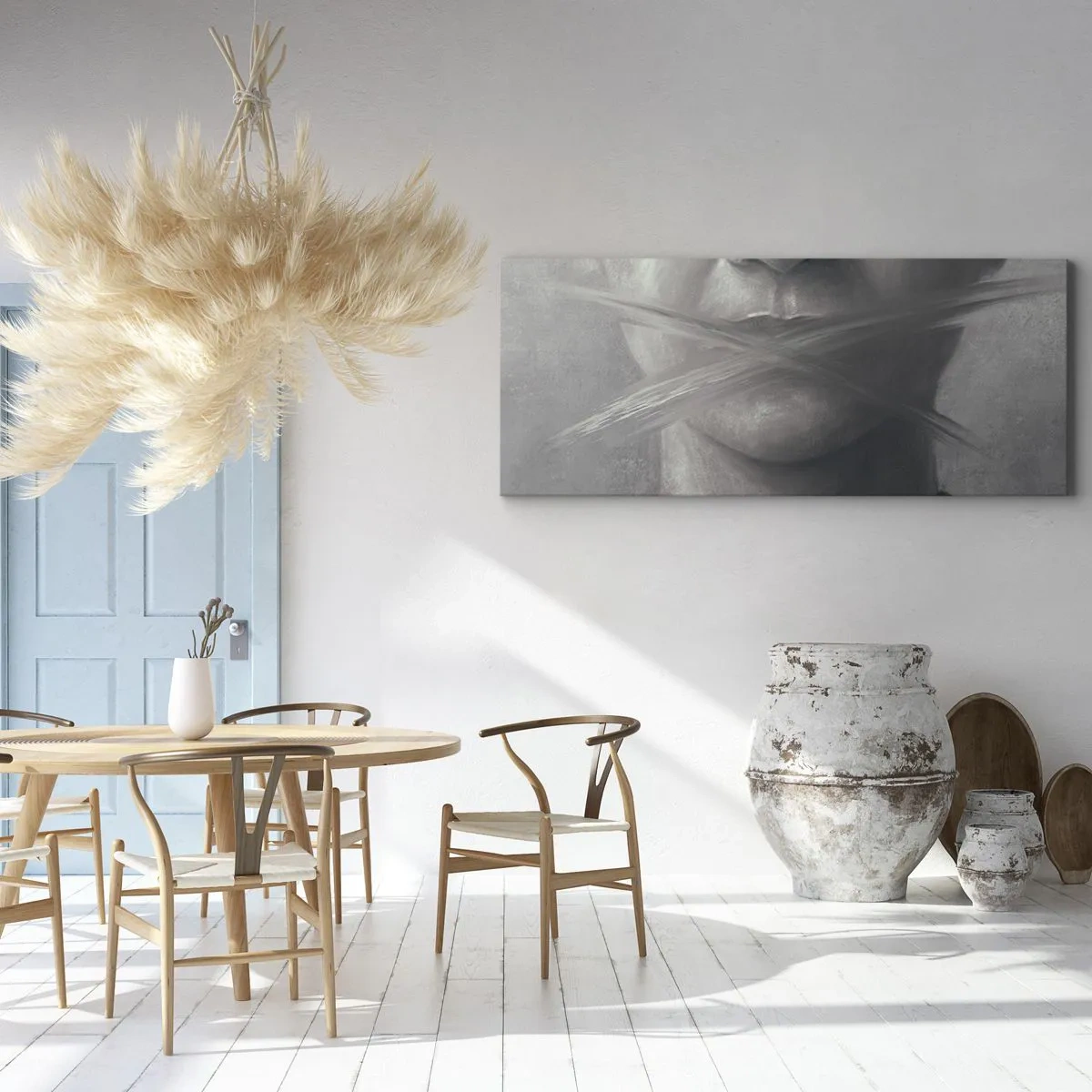 Obraz na płótnie - Symboliczny portret z zamazanymi ustami w szarej tonacji - 140x50cm - Ani słowa - Nowoczesna dekoracja ścienna do salonu i sypialni ARTTOR