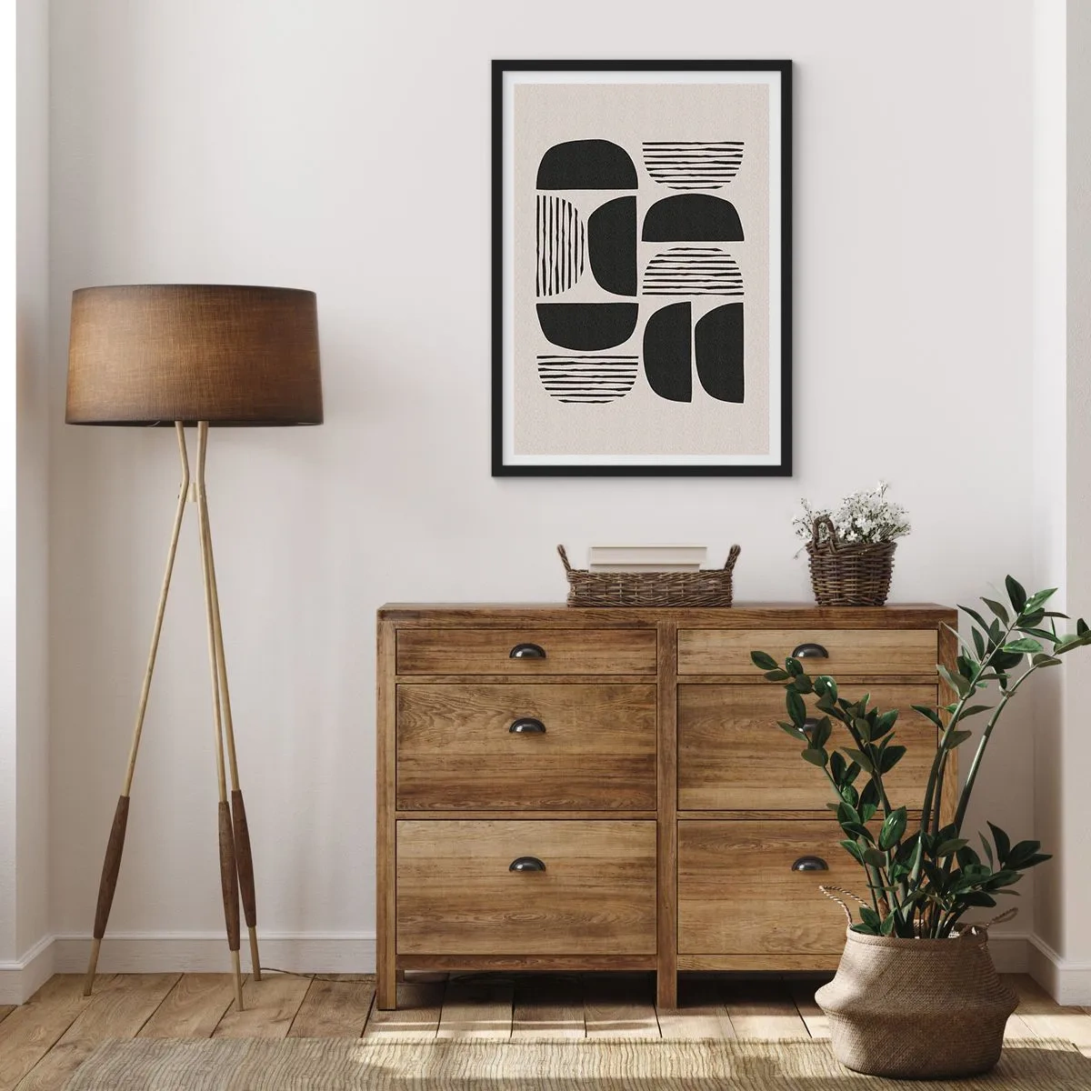 Plakat w czarnej ramie - Geometryczna abstrakcja z czarnymi kształtami i liniami - 50x70cm - Połowiczne układy - Nowoczesna dekoracja ścienna do salonu i sypialni ARTTOR