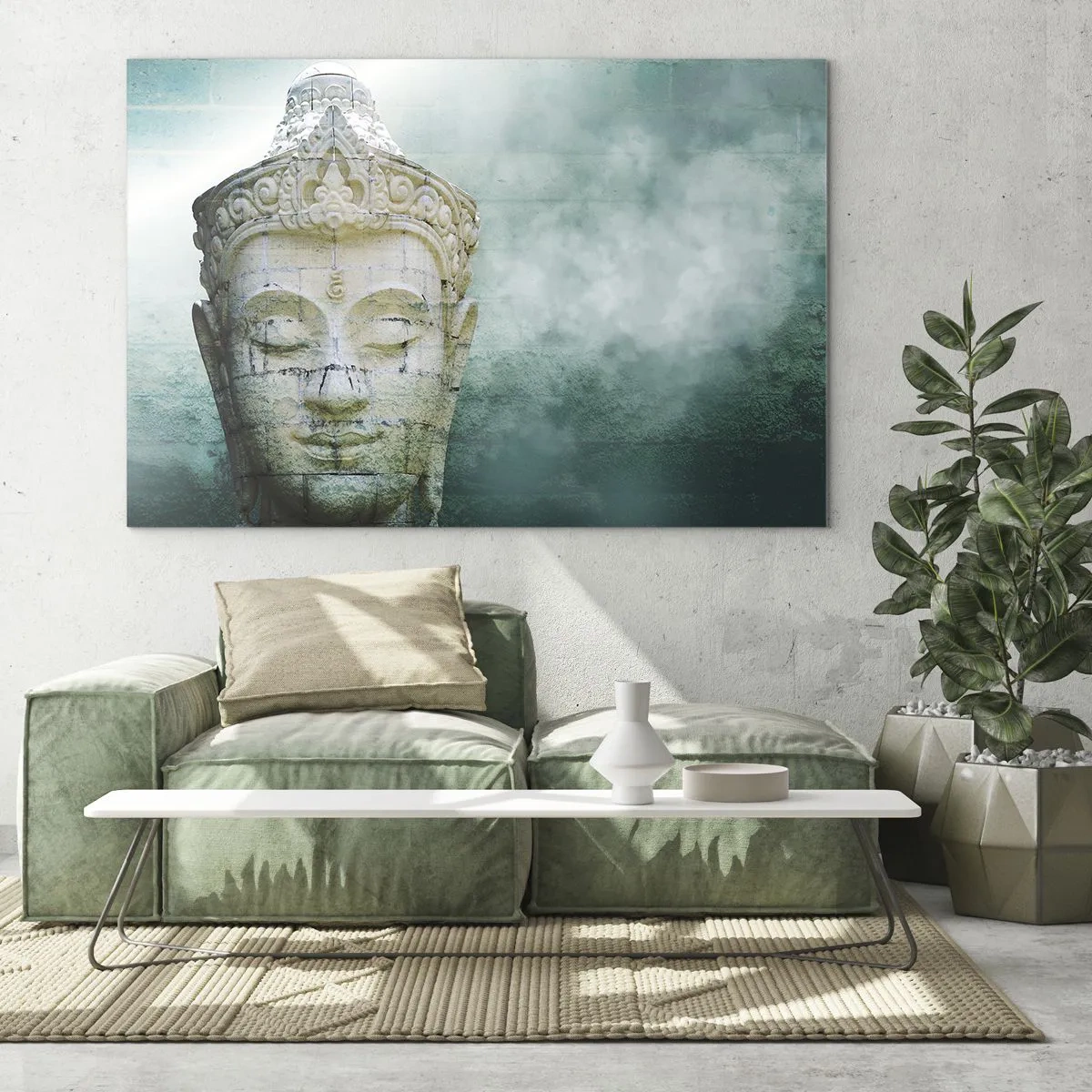 Obraz na szkle - Posąg Buddy w mistycznej atmosferze - 70x50cm - Poszukując światła - Nowoczesna dekoracja ścienna do salonu i sypialni ARTTOR