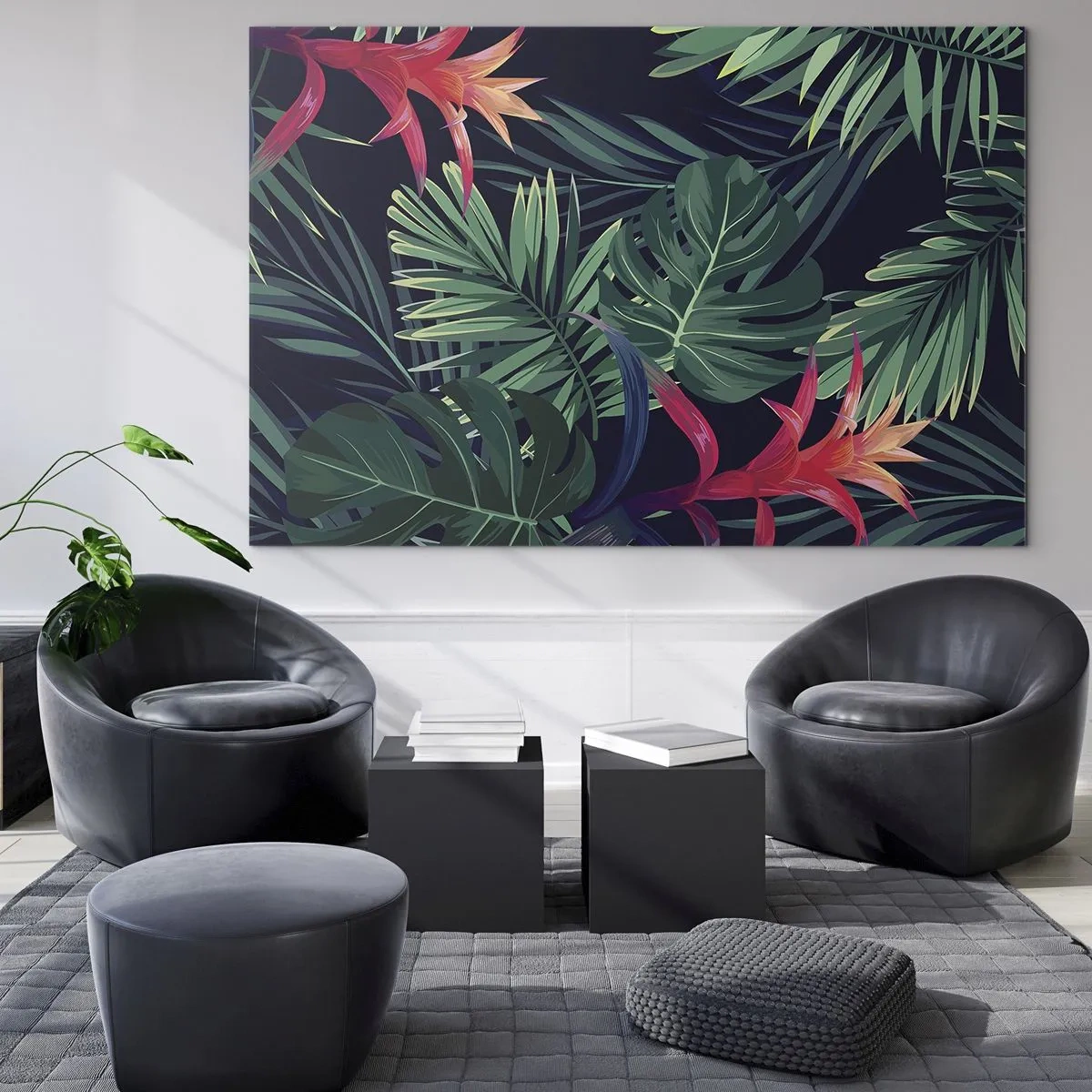 Obraz na szkle - Egzotyczne liście i kwiaty na ciemnym tle - 70x50cm - Zapłonąć w zieleni - Nowoczesna dekoracja ścienna do salonu i sypialni ARTTOR