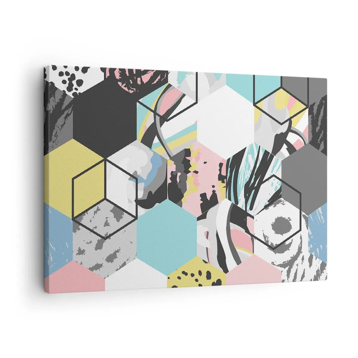 Obraz na płótnie - Geometryczny wzór heksagonów z kolorowymi abstrakcyjnymi detalami - 70x50cm - Sześciokąty i sześciany w sześciu barwach - Nowoczesna dekoracja ścienna do salonu i sypialni ARTTOR