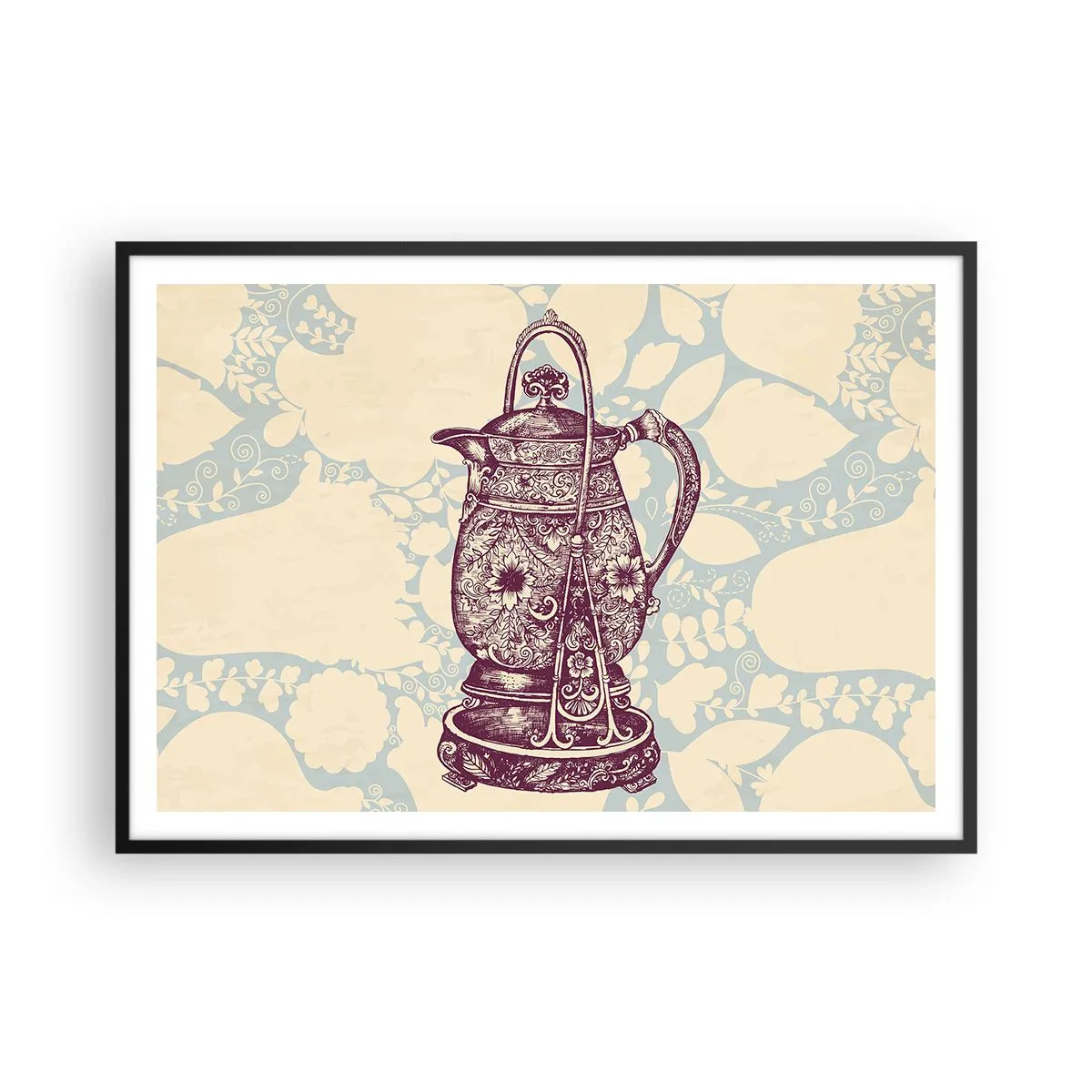 Plakat w czarnej ramie - Stylizowany dzbanek z ornamentami na tle kwiatowym - 100x70cm - Uroda codzienności - Nowoczesna dekoracja ścienna do salonu i sypialni ARTTOR