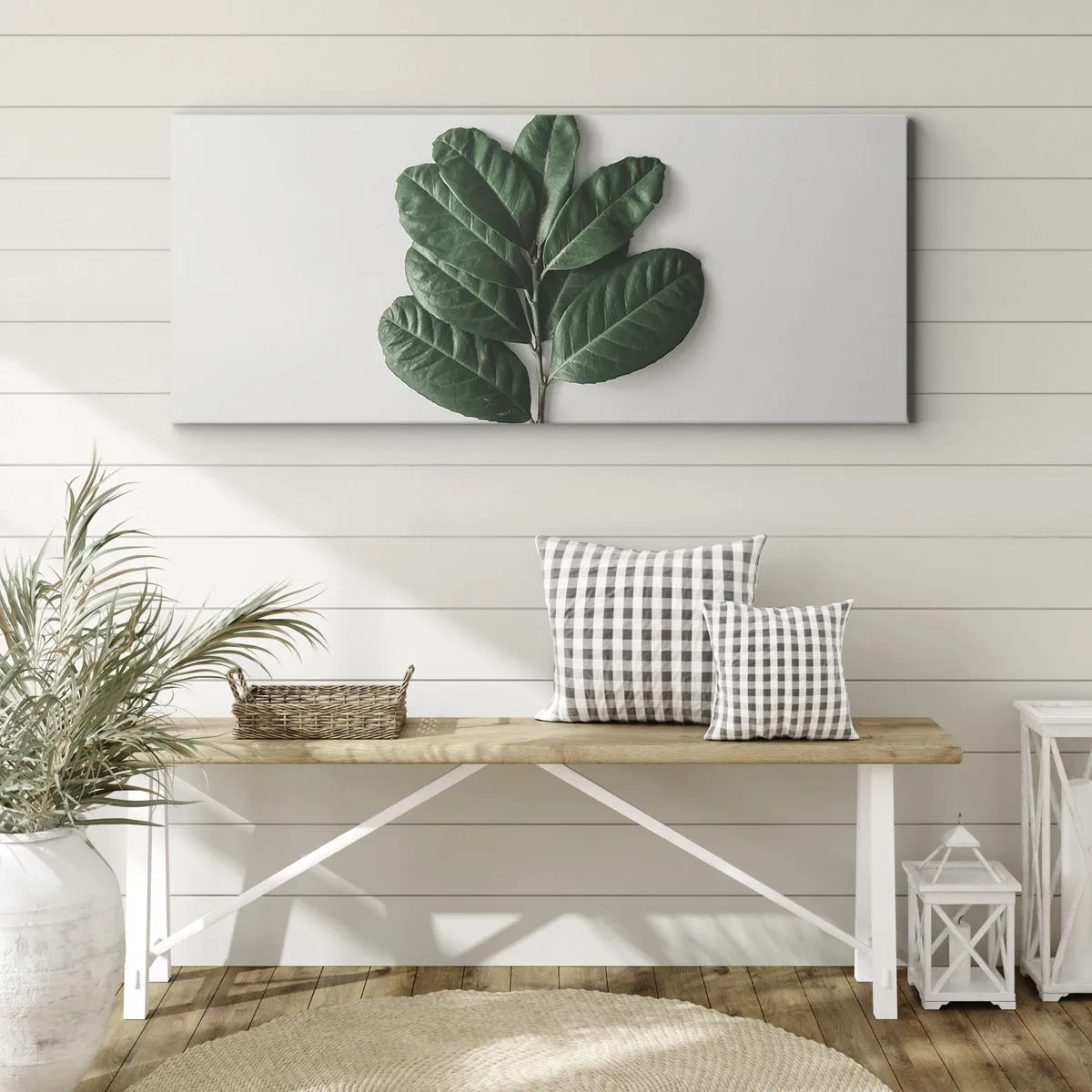 Obraz na płótnie - Gałązka zielonych liści na jasnym tle - 160x50cm - Rysunek samej natury - Nowoczesna dekoracja ścienna do salonu i sypialni ARTTOR