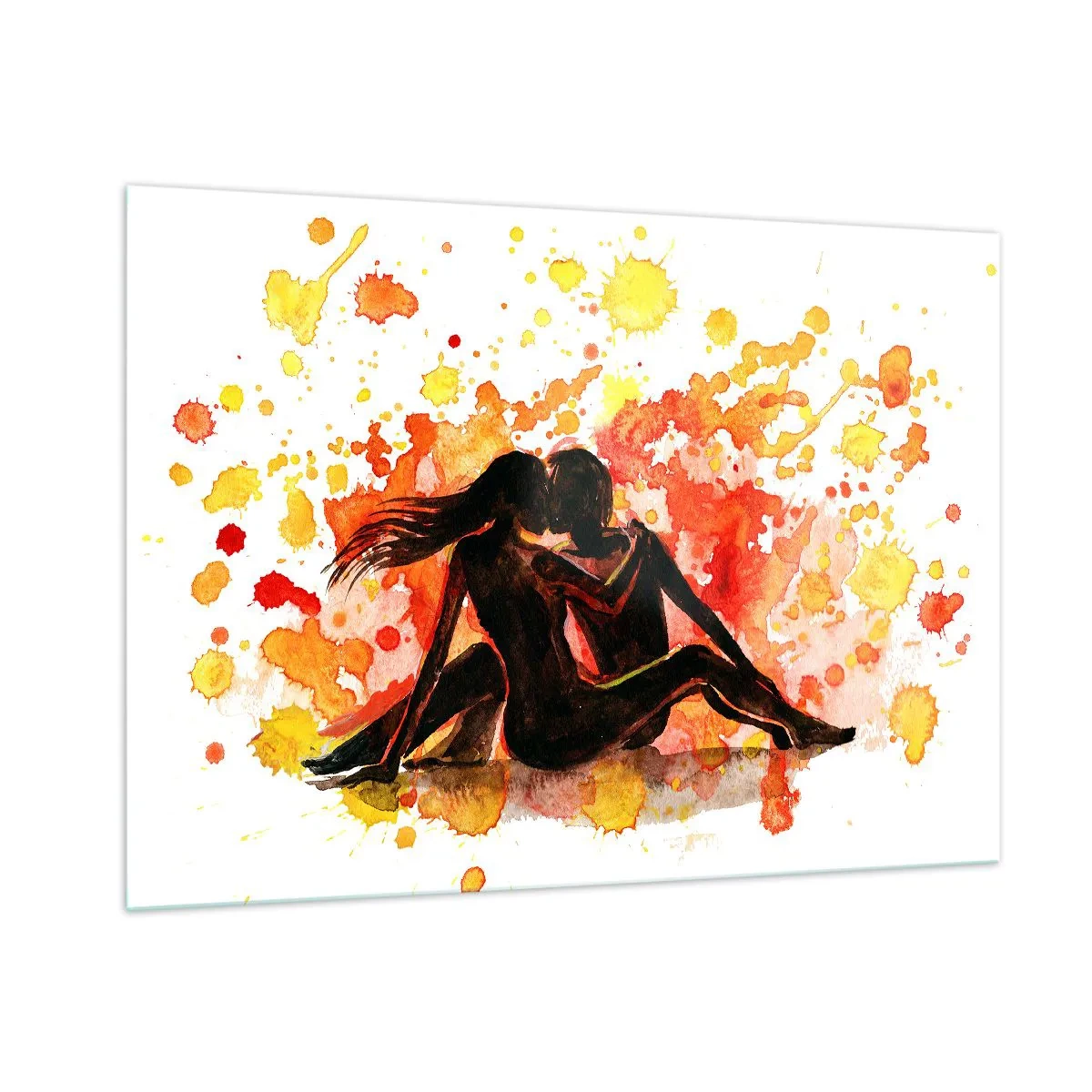 Obraz na szkle - Silhouette pary na tle kolorowych akwarelowych plam - 100x70cm - I stała się światłość - Nowoczesna dekoracja ścienna do salonu, kuchni i sypialni ARTTOR
