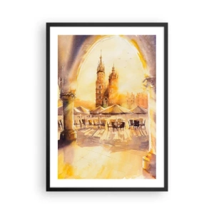 Plakat w czarnej ramie - Akwarela przedstawiająca krakowski rynek o zachodzie słońca - 50x70cm - Wschód nad krakowskim rynkiem - Nowoczesna dekoracja ścienna do salonu i sypialni ARTTOR