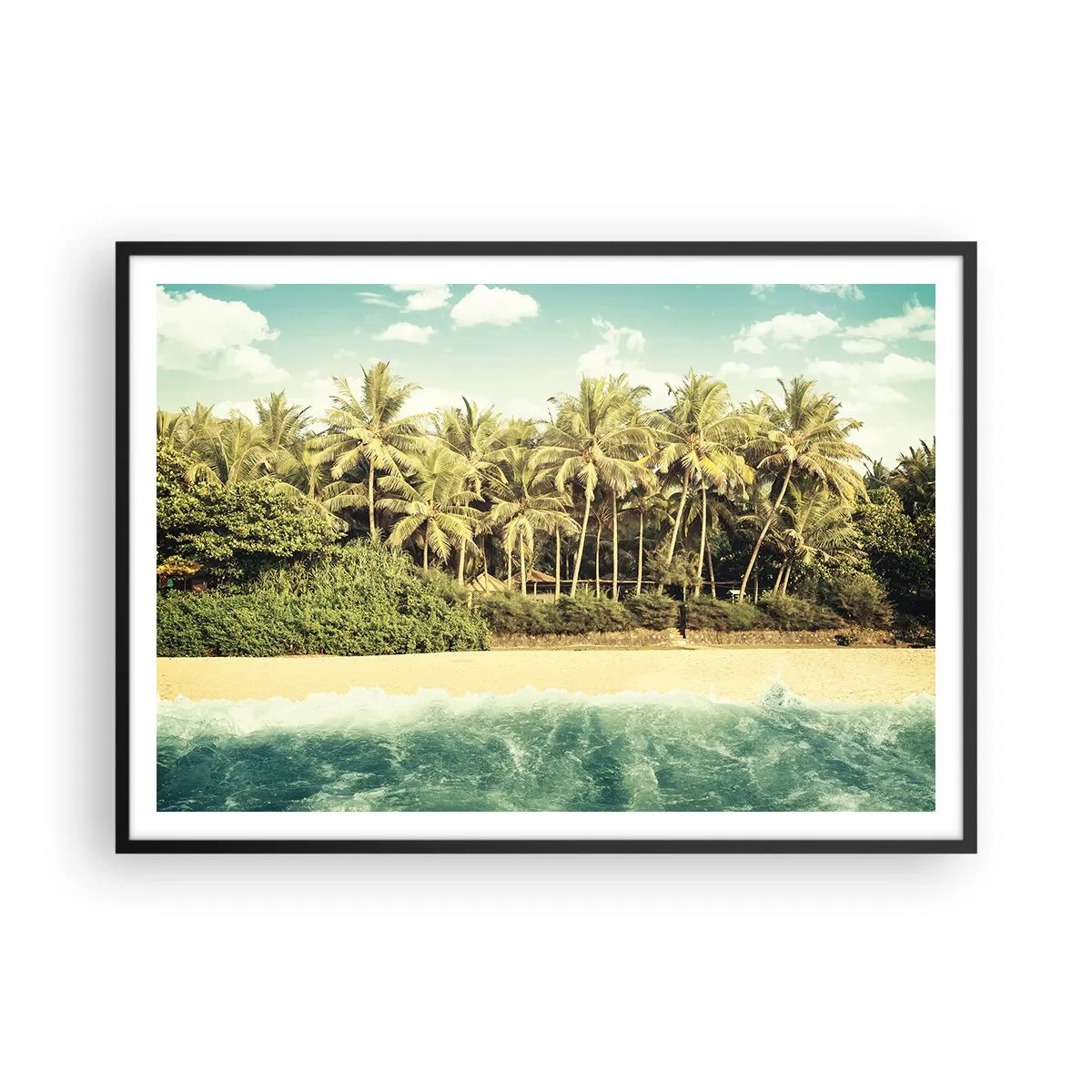 Plakat w czarnej ramie - Tropikalna plaża z palmami i turkusowym morzem - 100x70cm - A może tutaj? - Nowoczesna dekoracja ścienna do salonu i sypialni ARTTOR