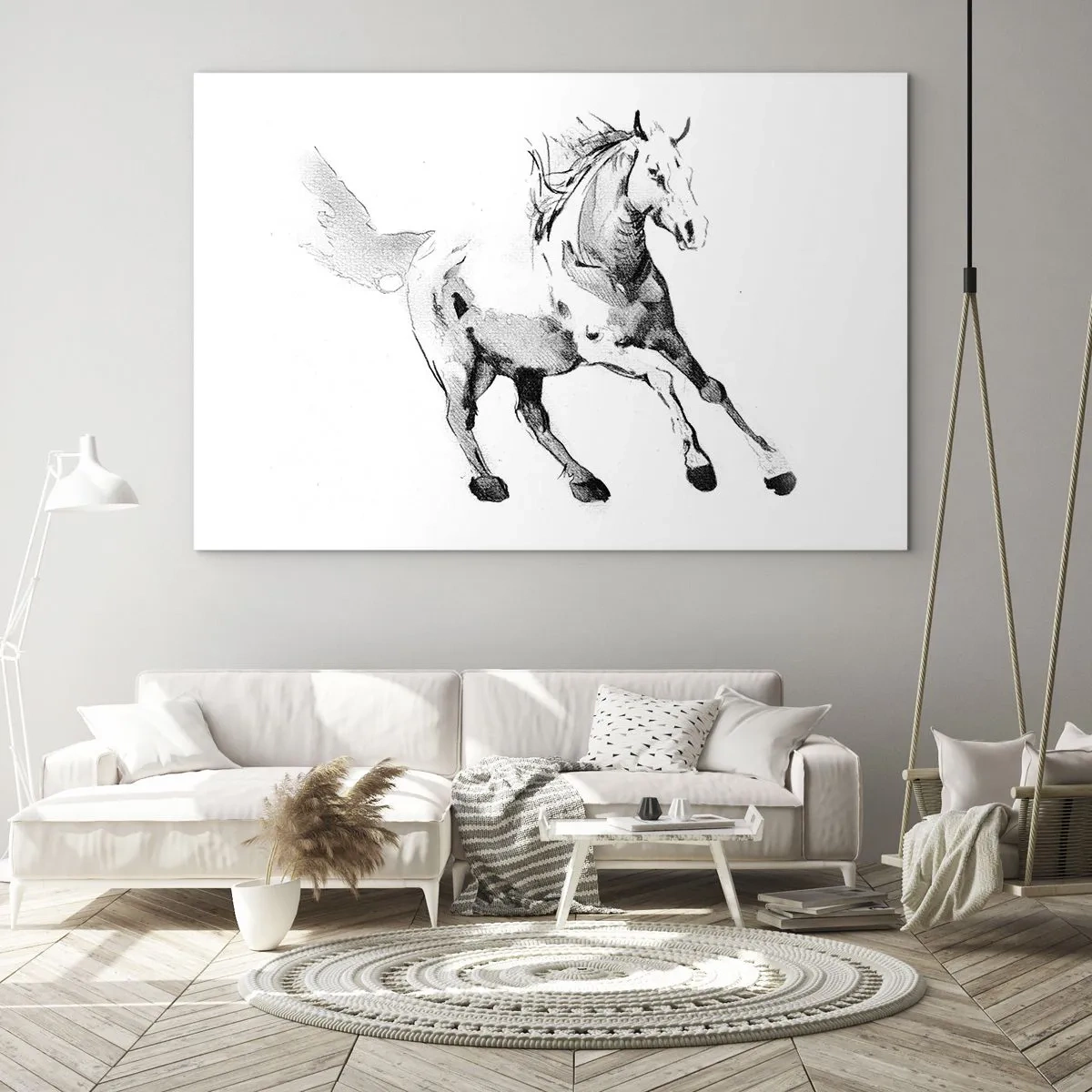 Obraz na szkle - Czarno-biały szkic galopującego konia na białym tle - 70x50cm - Nieujarzmiona dusza - Nowoczesna dekoracja ścienna do salonu i sypialni ARTTOR