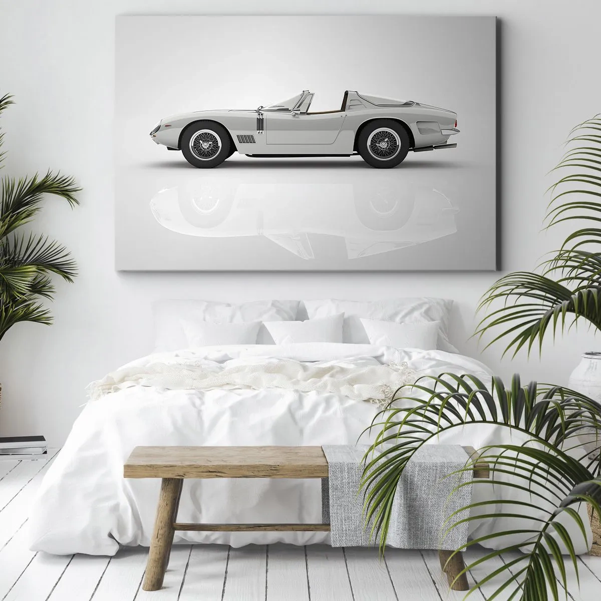 Obraz na płótnie - Klasyczny biały kabriolet na jasnym tle - 70x50cm - Obietnica zabawy - Nowoczesna dekoracja ścienna do salonu i sypialni ARTTOR