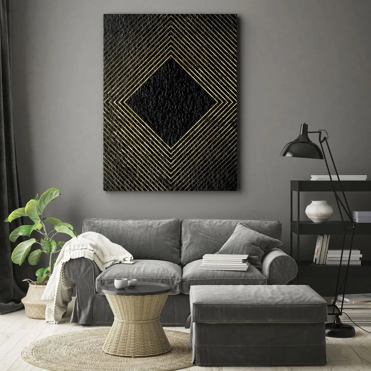Obraz na płótnie - Geometryczna kompozycja złotych linii na czarnym tle - 50x70cm - Geometria w stylu glamour - Nowoczesna dekoracja ścienna do salonu, kuchni i sypialni ARTTOR
