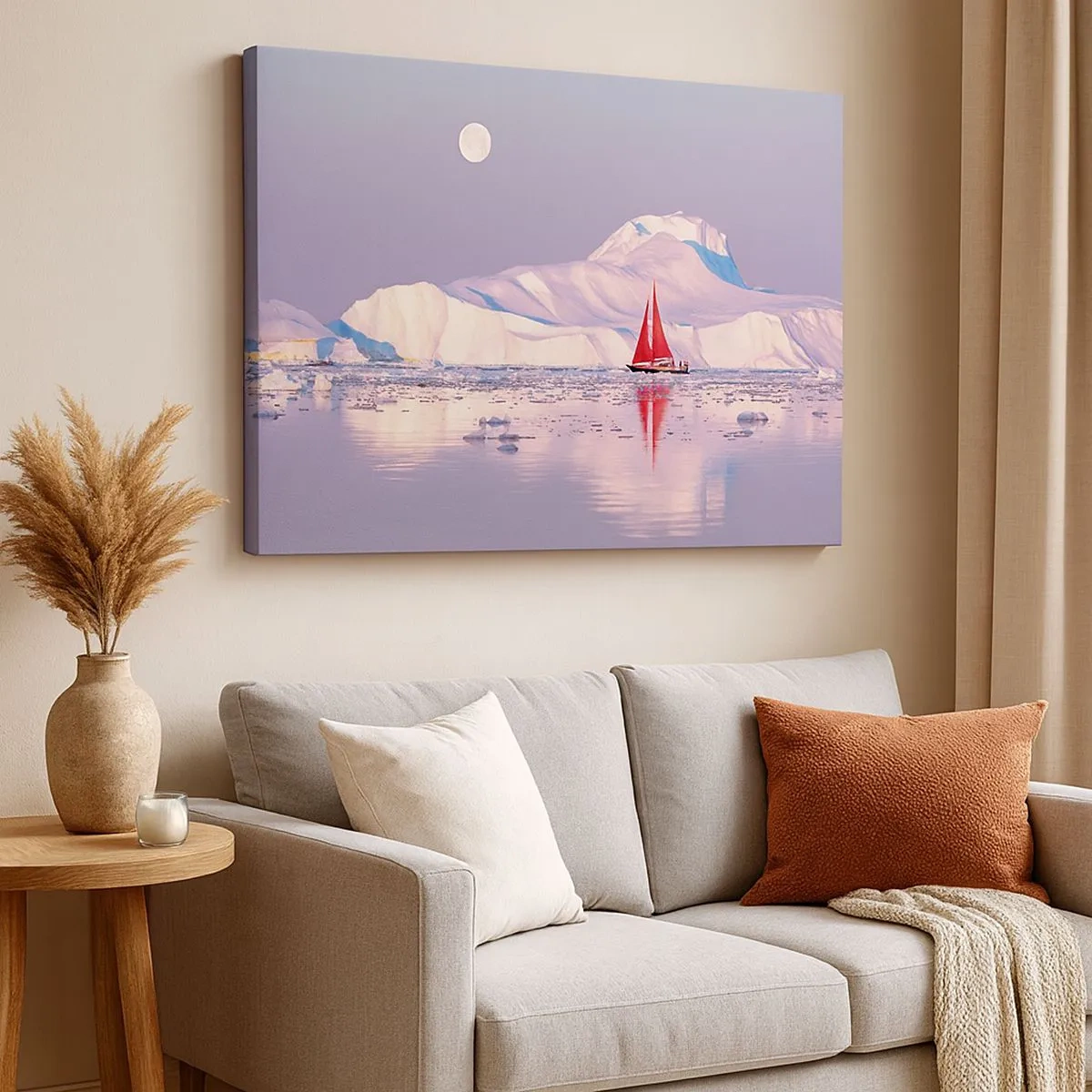 Obraz na płótnie - Czerwony żagiel na tle lodowych gór i pełni księżyca - 70x50cm - Żar żagla, chłód lodu - Nowoczesna dekoracja ścienna do salonu i sypialni ARTTOR