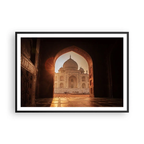 Plakat w czarnej ramie - Taj Mahal w promieniach słońca widziany z łuku bramy - 100x70cm - Pomnik nieziemskiej miłości - Nowoczesna dekoracja ścienna do salonu i sypialni ARTTOR