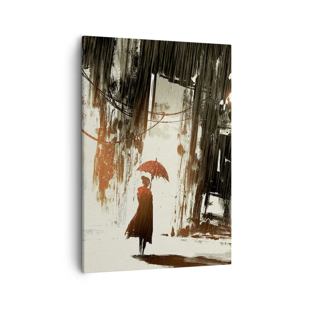Obraz na płótnie - Postać z parasolem w deszczowej abstrakcyjnej scenerii - 50x70cm - Poezja czerwonego parasola - Nowoczesna dekoracja ścienna do salonu, kuchni i sypialni ARTTOR
