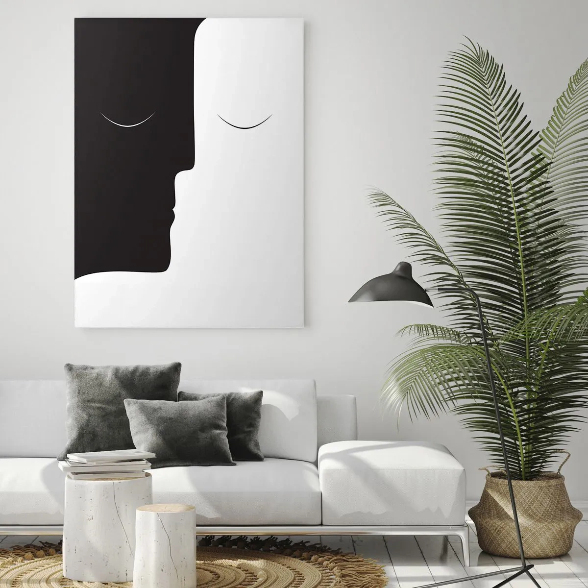 Obraz na szkle - Minimalistyczne czarno-białe twarze tworzące jedność - 50x70cm - Jedność przeciwieństw - Nowoczesna dekoracja ścienna do salonu, kuchni i sypialni ARTTOR