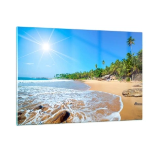 Obraz na szkle - Tropikalna plaża z palmami i falami pod błękitnym niebem - 120x80cm - Egzotyczne miejsce dla ciebie - Nowoczesna dekoracja ścienna do salonu, kuchni i sypialni ARTTOR