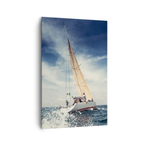 Obraz na płótnie - Żaglówka na wzburzonym morzu pod błękitnym niebem - 80x120cm - Nas nie dogonią! - Nowoczesna dekoracja ścienna do salonu i sypialni ARTTOR