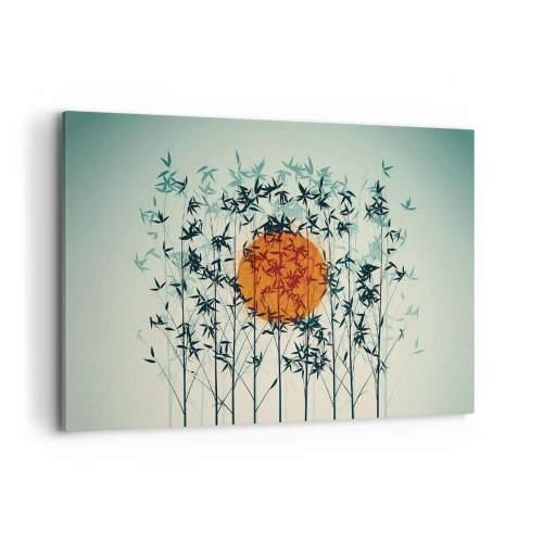 Obraz na płótnie - Pomarańczowe słońce wśród bambusowych gałęzi - 100x70cm - Japońskie słońce - Nowoczesna dekoracja ścienna do salonu, kuchni i sypialni ARTTOR