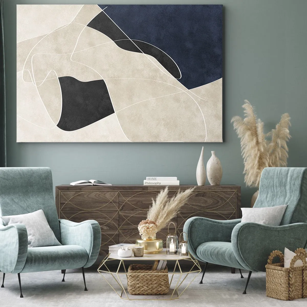 Obraz na płótnie - Geometryczna abstrakcja w odcieniach beżu i granatu - 70x50cm - Kompozycja abstrakcyjna – kontrast barw - Nowoczesna dekoracja ścienna do salonu i sypialni ARTTOR