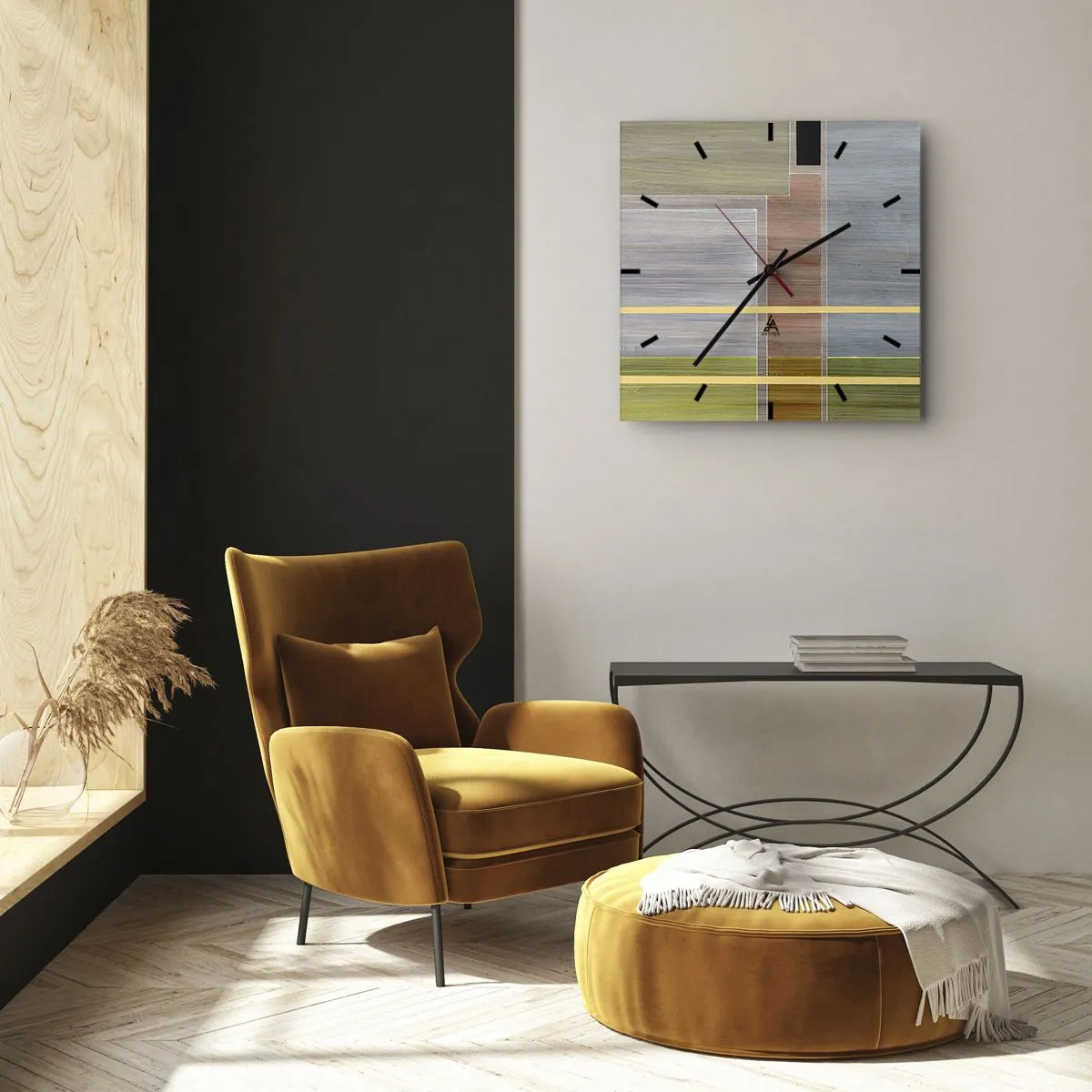 Zegar ścienny - Geometryczna kompozycja w pastelowych barwach z prostokątami - 30x30cm - Prosto i spokojnie - Nowoczesna dekoracja ścienna do salonu i sypialni ARTTOR