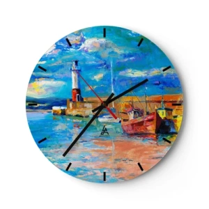 Zegar ścienny - Latarnia morska i łodzie w kolorowej, malarskiej scenerii - 30x30cm - Popołudnie w tęczowej zatoce - Nowoczesna dekoracja ścienna do salonu, kuchni i sypialni ARTTOR