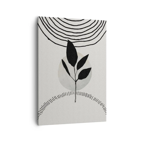 Obraz na płótnie - Minimalistyczna ilustracja rośliny z geometrycznymi elementami w czerni i bieli - 50x70cm - Kompozycja: rytuały natury - Nowoczesna dekoracja ścienna do salonu, kuchni i sypialni ARTTOR