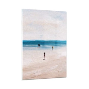 Obraz na szkle - Spokojna plaża z sylwetkami ludzi spacerujących przy linii morza - 50x70cm - Naturalna potrzeba - Nowoczesna dekoracja ścienna do salonu, kuchni i sypialni ARTTOR