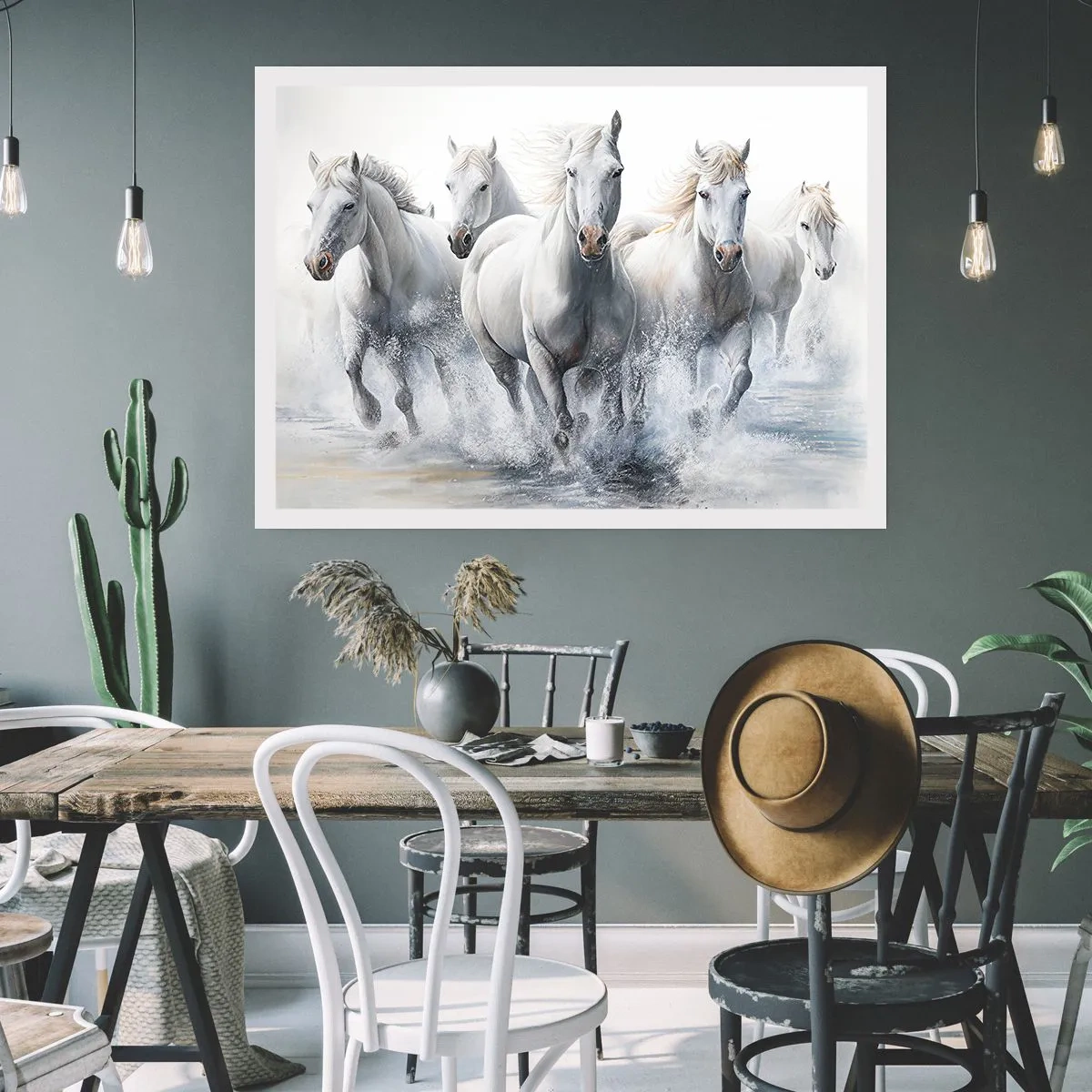 Plakat - Białe konie galopujące przez wodę - 100x70cm - Biała magia - Nowoczesna dekoracja ścienna do salonu i sypialni ARTTOR
