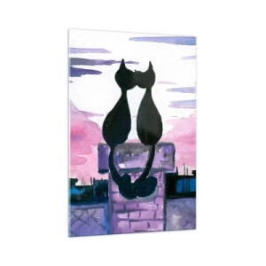 Obraz na szkle - Czarne koty na dachu w świetle księżyca w akwarelowej scenerii - 70x100cm - Rendez-vous pod księżycem - Nowoczesna dekoracja ścienna do salonu i sypialni ARTTOR