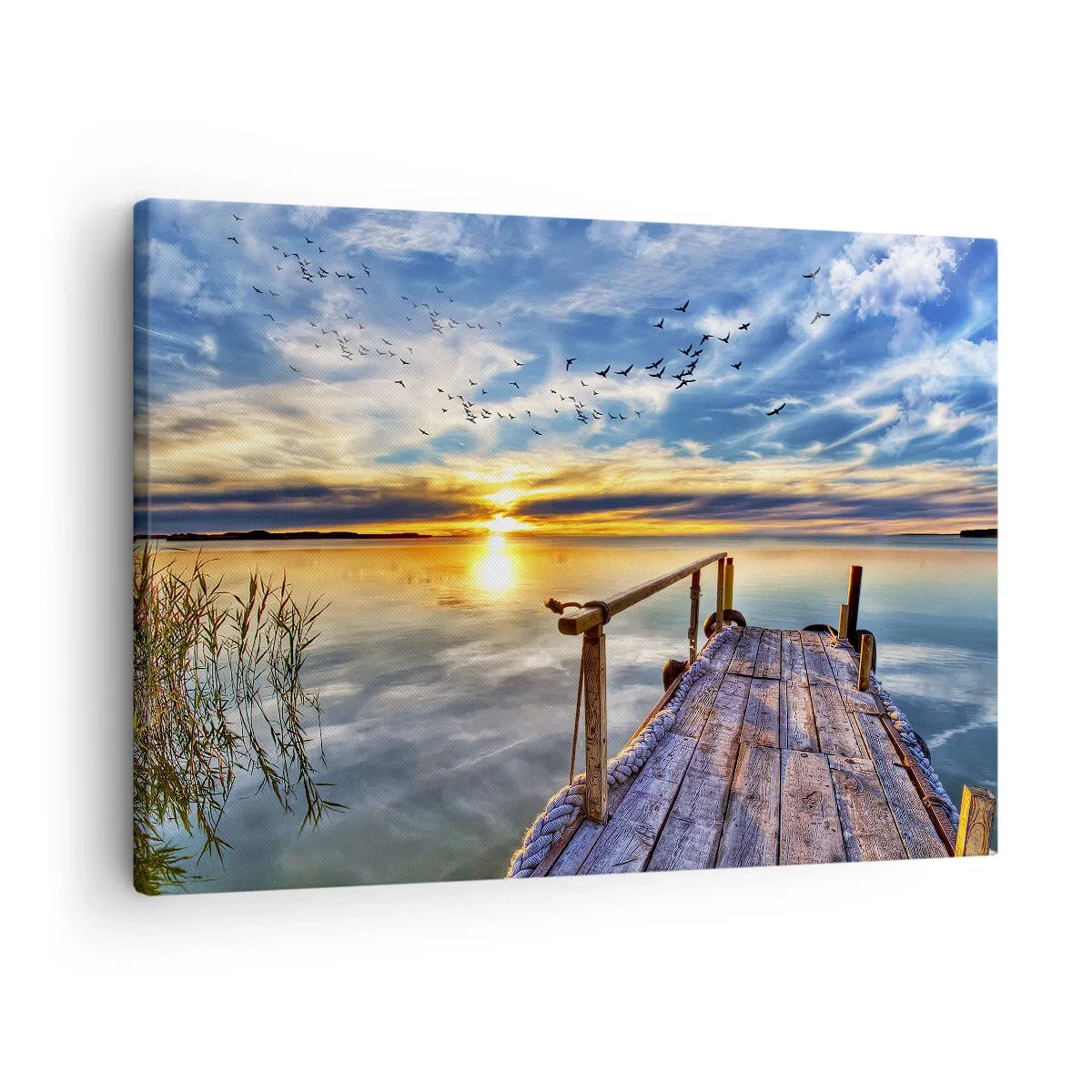 Obraz na płótnie - Drewniany pomost nad jeziorem o zachodzie słońca - 70x50cm - Wiatr idzie na spoczynek - Nowoczesna dekoracja ścienna do salonu i sypialni ARTTOR