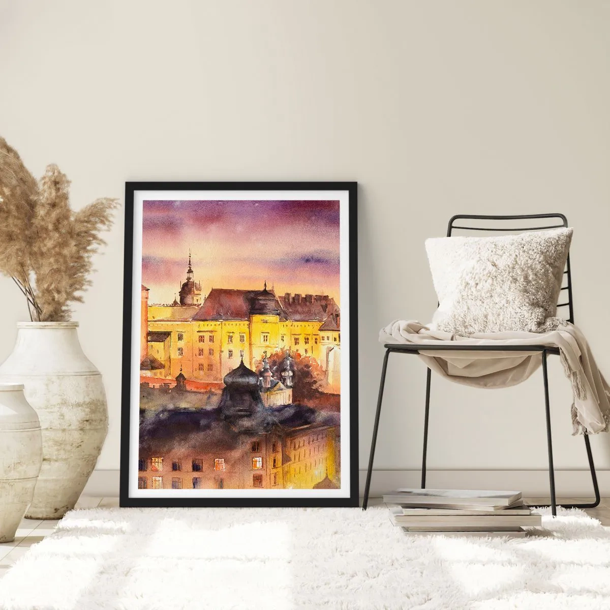 Plakat w czarnej ramie - Malowniczy widok miasta w świetle zachodzącego słońca - 50x70cm - Historia i baśń - Nowoczesna dekoracja ścienna do salonu i sypialni ARTTOR