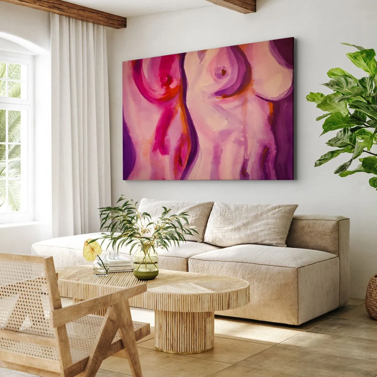 Obraz na płótnie - Abstrakcyjna interpretacja kobiecej sylwetki w różach i fioletach - 70x50cm - Oda do kobiecości - Nowoczesna dekoracja ścienna do salonu i sypialni ARTTOR